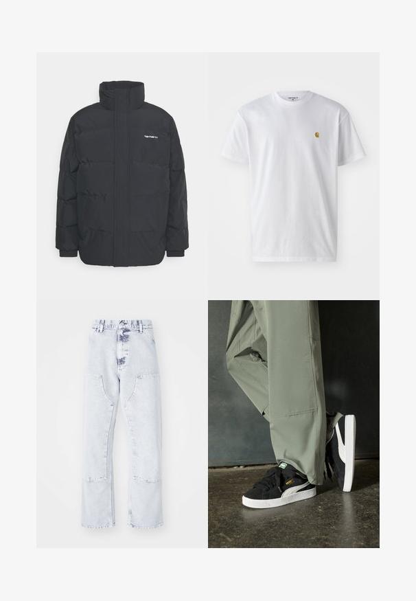 Black puffer jacket with a high collar, zip front, and elastic cuffs. Features a pocket and a small logo on the chest. Textured surface.; White cotton t-shirt with short sleeves, crew neck, featuring a small gold logo on the left chest area. Soft texture and regular fit.; Light blue denim straight-leg jeans with patch pockets, high waist, and a faded finish. Features tonal stitching and a relaxed fit.; Black suede sneakers with white rubber soles and side stripes, paired with light green cargo pants, standing on a textured dark surface.