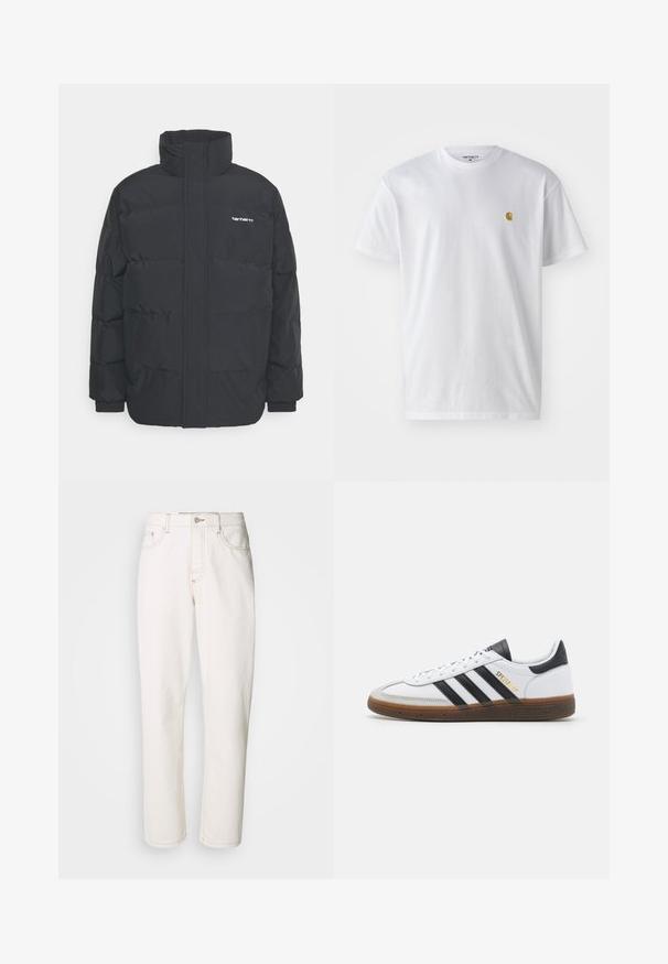 Juodas pūkinis švarkas su aukšta apykakle, užtrauktuku priekyje ir elastingomis rankovėmis. Yra kišenė ir mažas logotipas ant krūtinės. Tekstūruotas paviršius.; Balta medvilnės marškinėliai su trumpomis rankovėmis, apvalia iškirpte, kuriuose kairėje krūtinės pusėje yra mažas auksinis logotipas. Minkšta tekstūra ir reguliari forma.; Balti džinsai su tiesiu kojų kirpimu, pasižymintys siūlėmis, metaliniu mygtuko uždarymu ir standartiniu penkių kišenių konstrukcija.; Balti odiniai sportiniai bateliai su juodais zomšos akcentais, trimis juodomis juostelėmis, smėlio spalvos guminiu padu ir auksiniu "SPEZIAL" ženklu šone.