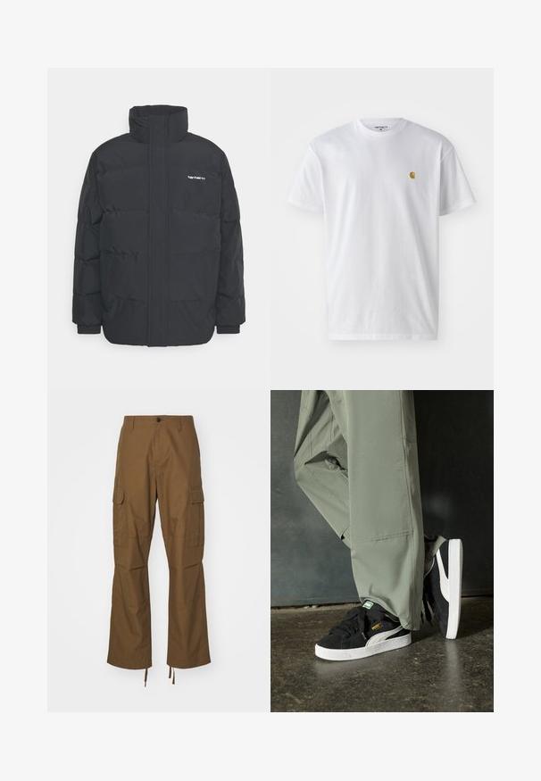 Black puffer jacket with a high collar, zip front, and elastic cuffs. Features a pocket and a small logo on the chest. Textured surface.; White cotton t-shirt with short sleeves, crew neck, featuring a small gold logo on the left chest area. Soft texture and regular fit.; Brown cargo pants made of textured fabric, featuring a straight-leg design, side pockets, and adjustable hem ties.; Black suede sneakers with white rubber soles and side stripes, paired with light green cargo pants, standing on a textured dark surface.