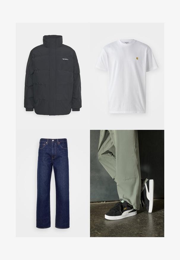 Fekete puffKabát magas nyakkal, cipzáros előlappal és rugalmas mandzsettával. Tartalmaz egy zsebet és egy kis logót a mellkason. Texturált felület.; Fehér pamut póló rövid ujjakkal, kerek nyakkal, bal mellel egy kis arany logóval. Puha tapintású és normál fazonú.; Sötétkék farmernadrág egyenes szárú dizájnnal, öt zsebbel és réz szegecsekkel. Az anyag textúrája sima és enyhén érdes.; Fekete velúr sportcipők fehér gumitalppal és oldalsávokkal, világos zöld cargo nadrággal párosítva, egy textúrált sötét felületen állva.