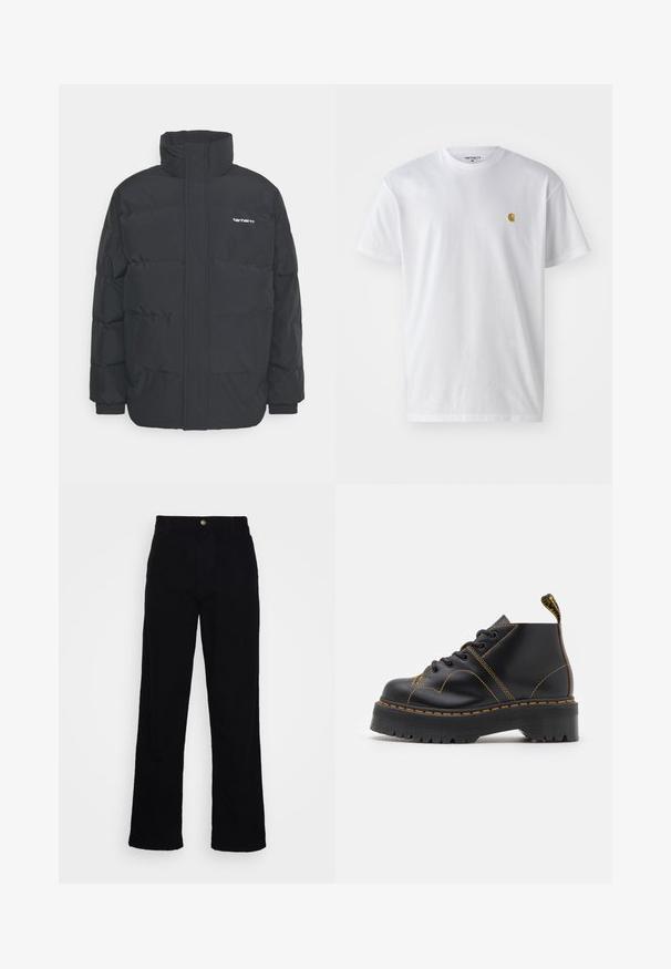 Crna puffer jakna s visokim ovratnikom, prednjim zatvaračem i elastičnim manžetama. Ima džep i mali logo na prsima. Teksturalna površina.; Bijela pamučna majica kratkih rukava s okruglim izrezom, sa malim zlatnim logotipom na lijevoj strani prsnog koša. Mekana tekstura i standardni kroj.; Crne, visoko strukirane traperice ravnog kroja izrađene od gladkog denima, sa prednjim zatvaranjem na dugme i dizajnom s pet džepova.; Crne gležnjače s debelim, nazubljenim potplatom, kontrastnim žutim šavovima i petnom petljom. Glatki kožni materijal.