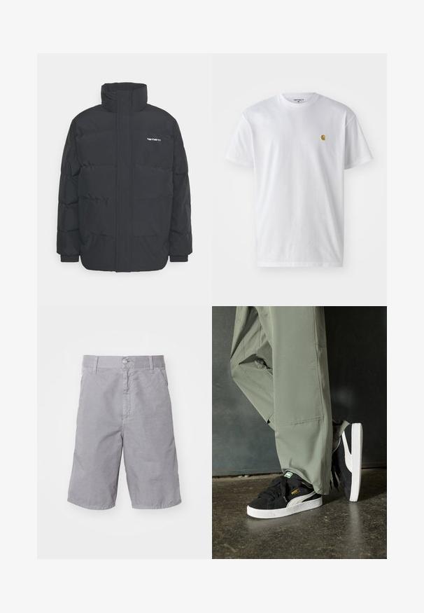 Mustam varrukas jope kõrge kaelusega, vipptõmblusega ja elastsete mansettidega. Omaduseks on tasku ja väike logo rinnal. Tekstuuritud pind.; Valge puuvillane t-särk lühikeste varrukatega, ümmargune kaelus, millel on väike kuldne logo vasakul rinnal. Pehme tekstuur ja regulaarne lõike.; Hallide puuvillased lühikesed püksid nupuga kinnituse, sirge esiosa, küljetaskute ja sirge jala disainiga. Pehme tekstuur ja vabalt langev lõige.; Mustad nubukist spordijalatsid valgete kummist tallade ja külgriidega, koos heleda rohelise cargo-pükstega, seistes tekstureeritud tumedal pinnasel.