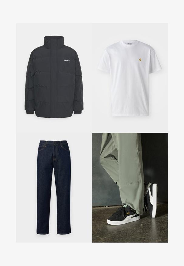 Jachetă puf black cu un guler înalt, închidere cu fermoar frontal și manșete elastice. Are un buzunar și un mic logo pe piept. Suprafață texturată.; Tricou alb din bumbac, cu mâneci scurte, gât echipat, având un mic logo auriu în zona stânga a pieptului. Textură moale și croială normală.; Jeans negre din denim, cu picioare drepte, talie medie, cusături portocalii și un design clasic cu cinci buzunare.; Adidași negri din piele întoarsă cu tălpi din cauciuc alb și dungi pe lateral, asortați cu pantaloni cargo verzi deschis, stând pe o suprafață texturată întunecată.
