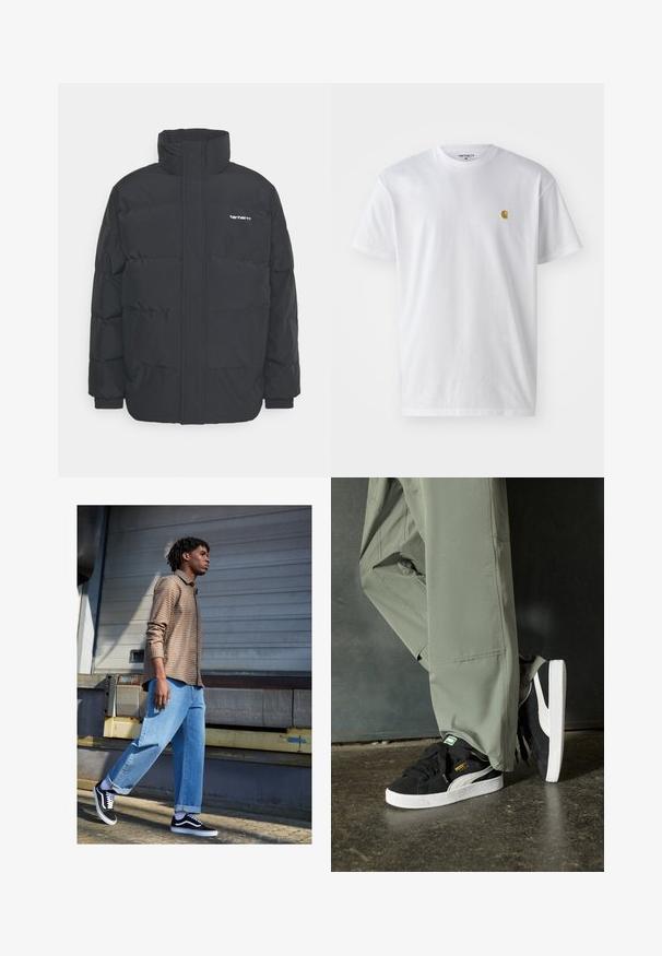 Melnā pūkainā jaka ar augstu apkakli, rāvējslēdzēja priekšpusi un elastīgām piedurknēm. Iespējama kabata un neliels logo uz krūtīm. Strukturēta virsma.; Balta kokvilnas t-kreklu ar īsām piedurknēm, apaļu kakla izgriezumu, ar mazu zelta logotipu kreisajā krūšu pusē. Mīksta tekstūra un regulāra piegriezuma.; Brūna raibā krekla, gaiši zila brīva piegriezuma džinsi un melnas kedas. Iezīmes ietver sarullētas piedurknes un kontrastējošas baltas akcentus uz kedām.; Melnas zamšādas sporta kurpes ar baltām gumijas zole un sānu svītrām, saskaņotas ar gaiši zaļām cargo biksēm, stāvot uz teksturētas tumšas virsmas.