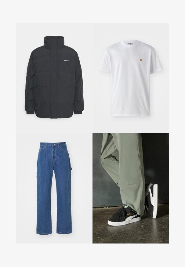 Black puffer jacket with a high collar, zip front, and elastic cuffs. Features a pocket and a small logo on the chest. Textured surface.; White cotton t-shirt with short sleeves, crew neck, featuring a small gold logo on the left chest area. Soft texture and regular fit.; Blue denim jeans in a relaxed fit with a straight leg, featuring front and back pockets and a button closure at the waist.; Black suede sneakers with white rubber soles and side stripes, paired with light green cargo pants, standing on a textured dark surface.