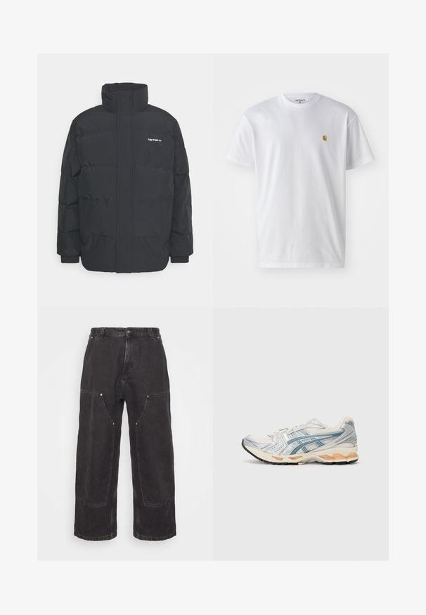Juodas pūkinis švarkas su aukšta apykakle, užtrauktuku priekyje ir elastingomis rankovėmis. Yra kišenė ir mažas logotipas ant krūtinės. Tekstūruotas paviršius.; Balta medvilnės marškinėliai su trumpomis rankovėmis, apvalia iškirpte, kuriuose kairėje krūtinės pusėje yra mažas auksinis logotipas. Minkšta tekstūra ir reguliari forma.; Carhartt WIP NASH PANT SMITH - Laisvo kirpimo džinsai - black stone washed; Bėgimo bateliai su lengvu, tinkleliu apdailintu viršumi, sidabro ir mėlynų akcentų, minkštu smėlio spalvos viduriu ir patvariu juodu guminio pado.
