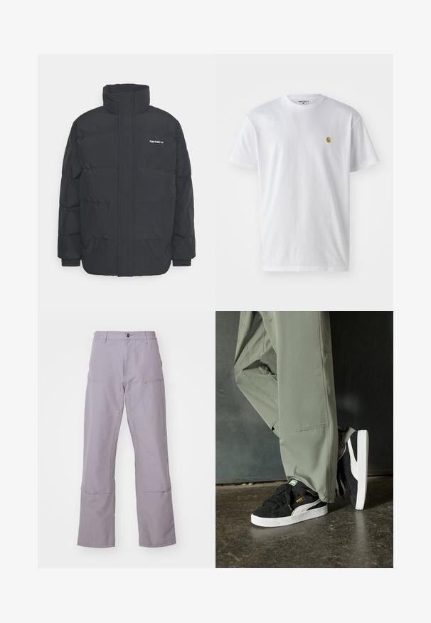 Černá zimní bunda s vysokým límcem, zipem vpředu a elastickými manžetami. Má kapsu a malé logo na hrudi. Texturovaný povrch.; Bílé bavlněné tričko s krátkým rukávem a kulatým výstřihem, s malým zlatým logem na levé straně hrudi. Měkká textura a klasický střih.; Světle fialové kalhoty s rovnými nohavicemi, které mají dvě přední kapsy a dekorační šití. Vyrobeny z odolné bavlněné tkaniny.; Černé semišové tenisky s bílými gumovými podrážkami a bočními pruhy, spárované se světle zelenými cargo kalhotami, stojící na texturovaném tmavém povrchu.