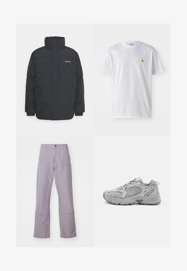 Črna puhasta jakna z visokim ovratnikom, z zadrgo spredaj in elastičnimi manšetami. Ima žep in majhen logotip na prsih. Teksturirana površina.; Bela bombažna majica s kratkimi rokavi, krožnim ovratnikom, z majhnim zlatim logotipom na levem prsnem predelu. Mehka tekstura in običajen kroj.; Svetlo vijolične hlače s ravnim krojem, ki imajo dva sprednja žepa in dekorativno šivanje. Narejene iz trpežne bombažne tkanine.; Srebrna športna copata z elegantnim dizajnom, mrežnimi paneli, oblazinjenim jezikom, teksturirano sintetično zgornjim delom in gumijastim podplatom za oprijem.