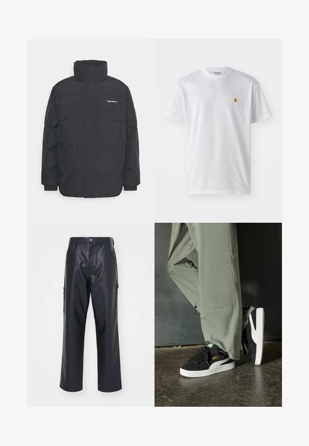 Juodas pūkinis švarkas su aukšta apykakle, užtrauktuku priekyje ir elastingomis rankovėmis. Yra kišenė ir mažas logotipas ant krūtinės. Tekstūruotas paviršius.; Balta medvilnės marškinėliai su trumpomis rankovėmis, apvalia iškirpte, kuriuose kairėje krūtinės pusėje yra mažas auksinis logotipas. Minkšta tekstūra ir reguliari forma.; Juodos odinės kelnės su lygiu paviršiumi, plačiu kojų kirpimu ir šoninėmis kišenėmis. Atrodo, kad turi sagos uždarymą ir diržo kilpos.; Juodi suede sportbačiai su baltais guminiais padais ir šoninėmis juostelėmis, derinami su šviesiai žaliais kargo kelnais, stovintys ant tekstūruoto tamsaus paviršiaus.