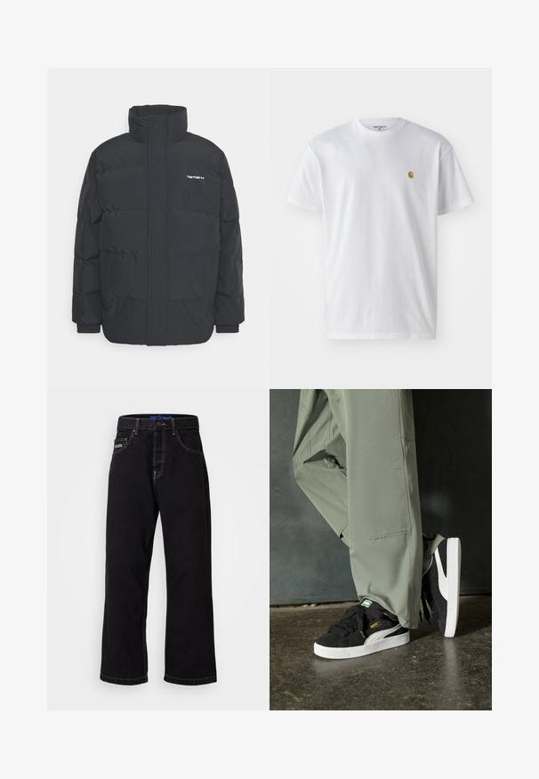 Zwarte pufferjas met een hoge kraag, rits aan de voorkant en elastische manchetten. Bevat een zak en een klein logo op de borst. Getextureerd oppervlak.; Witte katoenen t-shirt met korte mouwen en ronde hals, voorzien van een klein gouden logo op de linkerkant van de borst. Zachte textuur en een normale pasvorm.; Zwarte spijkerbroek met een rechte snit, voorzien van contraststiksels en een zijzak. Opvallend groen logo op de voorkant van de linkerzak.; Zwarte suède sneakers met witte rubberen zolen en zijstrepen, gecombineerd met lichtgroene cargobroeken, staande op een gestructureerd donker oppervlak.