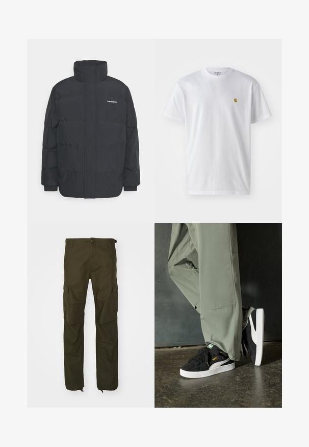 Fekete puffKabát magas nyakkal, cipzáros előlappal és rugalmas mandzsettával. Tartalmaz egy zsebet és egy kis logót a mellkason. Texturált felület.; Fehér pamut póló rövid ujjakkal, kerek nyakkal, bal mellel egy kis arany logóval. Puha tapintású és normál fazonú.; Olive zöld cargo nadrág tartós anyagból, gombos záródással, több oldal zsebbel, és elasztikus mandzsettákkal a bokáknál.; Fekete velúr sportcipők fehér gumitalppal és oldalsávokkal, világos zöld cargo nadrággal párosítva, egy textúrált sötét felületen állva.