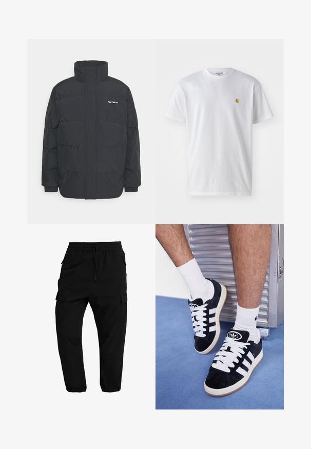 Crna puffer jakna s visokim ovratnikom, prednjim zatvaračem i elastičnim manžetama. Ima džep i mali logo na prsima. Teksturalna površina.; Bijela pamučna majica kratkih rukava s okruglim izrezom, sa malim zlatnim logotipom na lijevoj strani prsnog koša. Mekana tekstura i standardni kroj.; Crne cargo hlače s elastičnim strukom, zatvaranjem na vezicu i bočnim džepovima. Sužene nogavice s elastičnim manžetama i glatkom teksturom.; Crne nubuk tenisice s bijelim vezicama i tri bijele pruge. Imaju kružni crni logo na jeziku i gumeni potplat.