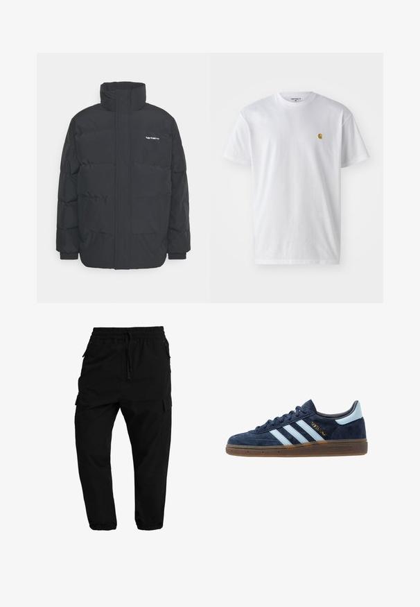 Čierna puffová bunda s vysokým golierom, zipom vpredu a elastickými manžetami. Obsahuje vrecko a malé logo na hrudi. Textúrovaný povrch.; Biele bavlnené tričko s krátkymi rukávmi, okrúhlym výstrihom, s malým zlatým logom na ľavej strane hrude. Mäkká textúra a normálny strih.; Čierne cargo nohavice s elastickým pásom, sťahovaním na šnúrku a bočnými vreckami. Zúžené nohavice s elastickými manžetami a hladkým povrchom.; Námornícky modré semišové tenisky Adidas s svetlomodrými pruhmi, gumenou podrážkou, svetlomodrou pätou a zlatým označením "Spezial" po boku.