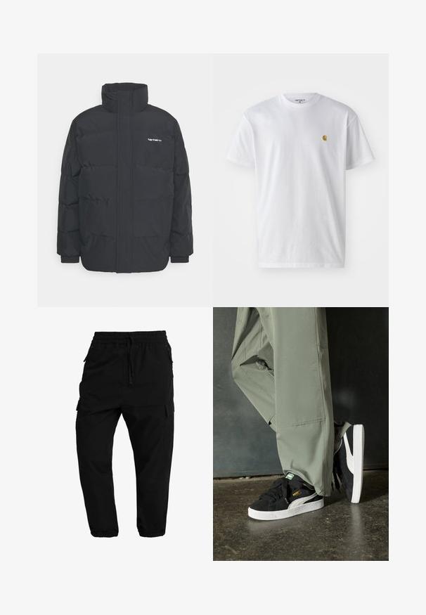 Črna puhasta jakna z visokim ovratnikom, z zadrgo spredaj in elastičnimi manšetami. Ima žep in majhen logotip na prsih. Teksturirana površina.; Bela bombažna majica s kratkimi rokavi, krožnim ovratnikom, z majhnim zlatim logotipom na levem prsnem predelu. Mehka tekstura in običajen kroj.; Črne cargo hlače z elastičnim pasom, z vrvico za zapiranje in stranskimi žepi. Ožji kroj z elastičnimi manšetami in gladko teksturo.; Črne semšaste športne copate z belimi gumijastimi podplati in stranskimi črtami, v kombinaciji s svetlo zelenimi cargo hlačami, ki stojijo na teksturirani temni površini.