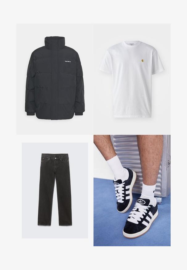 Chaqueta de plumas negra con cuello alto, cierre de cremallera frontal y puños elásticos. Cuenta con un bolsillo y un pequeño logo en el pecho. Superficie texturizada.; Camiseta de algodón blanca con mangas cortas, cuello redondo, que presenta un pequeño logo dorado en la parte izquierda del pecho. Textura suave y corte regular.; Jeans de mezclilla negra de pierna recta con un diseño clásico de cinco bolsillos, con costuras naranjas y cierre de cremallera.; Zapatillas de ante negras con cordones blancos y tres rayas blancas. Presentan un logotipo circular negro en la lengüeta y una suela de goma color caramel.