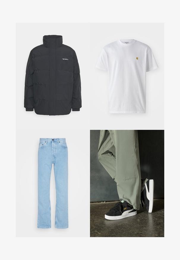 Jachetă puf black cu un guler înalt, închidere cu fermoar frontal și manșete elastice. Are un buzunar și un mic logo pe piept. Suprafață texturată.; Tricou alb din bumbac, cu mâneci scurte, gât echipat, având un mic logo auriu în zona stânga a pieptului. Textură moale și croială normală.; Blugi din denim albastru deschis, cu picioare drepte, talie înaltă și design cu cinci buzunare. Au sistem de prindere cu nasture și ușoare urme de uzură pe material.; Adidași negri din piele întoarsă cu tălpi din cauciuc alb și dungi pe lateral, asortați cu pantaloni cargo verzi deschis, stând pe o suprafață texturată întunecată.