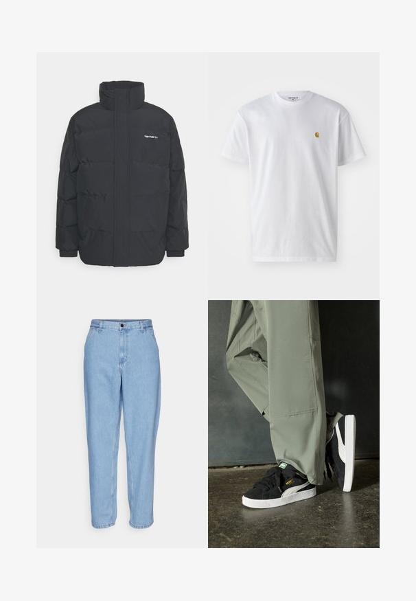 Black puffer jacket with a high collar, zip front, and elastic cuffs. Features a pocket and a small logo on the chest. Textured surface.; White cotton t-shirt with short sleeves, crew neck, featuring a small gold logo on the left chest area. Soft texture and regular fit.; Light blue denim jeans with a relaxed fit, high waist, and straight legs. Features front pockets and a metal button closure.; Black suede sneakers with white rubber soles and side stripes, paired with light green cargo pants, standing on a textured dark surface.