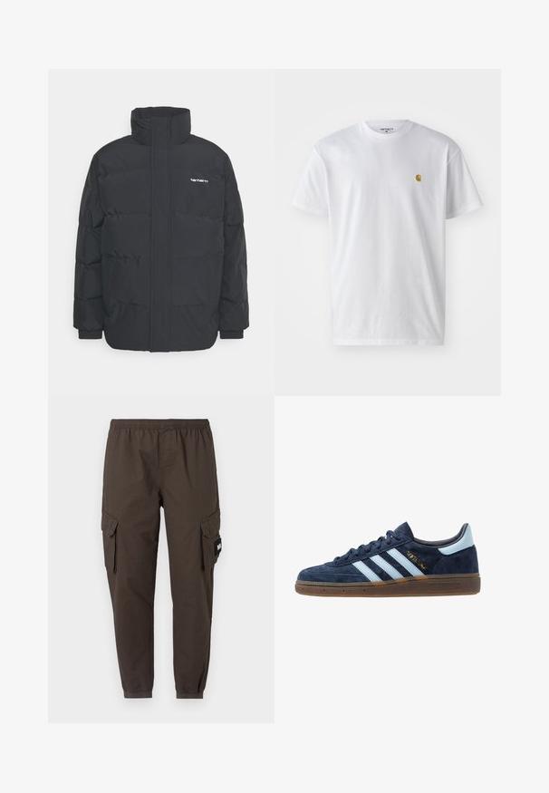 Jachetă puf black cu un guler înalt, închidere cu fermoar frontal și manșete elastice. Are un buzunar și un mic logo pe piept. Suprafață texturată.; Tricou alb din bumbac, cu mâneci scurte, gât echipat, având un mic logo auriu în zona stânga a pieptului. Textură moale și croială normală.; Pantaloni cargo din țesătură de culoare maro închis, având un brâu elastic, picioare conice și două buzunare laterale cu clapete.; Adidași din suede bleumarin cu dungi albastre deschise, talpă din gumă, tabul de călcâi bleu deschis și branding-uri aurii "Spezial" pe lateral.