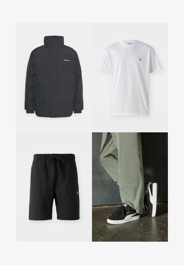 Doudoune noire avec un col montant, fermeture éclair à l'avant et poignets élastiques. Comprend une poche et un petit logo sur la poitrine. Surface texturée.; T-shirt en coton blanc à manches courtes, col rond, avec un petit logo doré sur la poitrine gauche. Texture douce et coupe régulière.; Shorts noirs avec une taille élastique et un cordon de serrage. Présente une poche latérale et un petit logo rouge et jaune sur le bas à gauche.; Baskets en daim noir avec des semelles en caoutchouc blanc et des rayures sur les côtés, associées à un pantalon cargo vert clair, posées sur une surface sombre texturée.