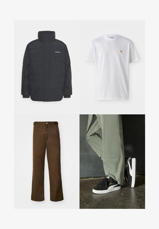 Crna puffer jakna s visokim ovratnikom, prednjim zatvaračem i elastičnim manžetama. Ima džep i mali logo na prsima. Teksturalna površina.; Bijela pamučna majica kratkih rukava s okruglim izrezom, sa malim zlatnim logotipom na lijevoj strani prsnog koša. Mekana tekstura i standardni kroj.; Smeđe hlače ravnog kroja izrađene od mekanog materijala s glatkom teksturom, sa prednjim kopčanjem na dugme i klasičnim petljama za pojas.; Crne nubuk tenisice s bijelim gumennim potplatima i bočnim trakama, uparene s svijetlozelenim cargo hlačama, stoje na teksturiranoj tamnoj površini.