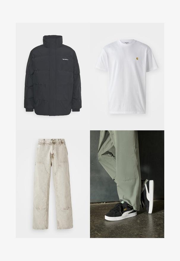 Black puffer jacket with a high collar, zip front, and elastic cuffs. Features a pocket and a small logo on the chest. Textured surface.; White cotton t-shirt with short sleeves, crew neck, featuring a small gold logo on the left chest area. Soft texture and regular fit.; Light beige wide-leg jeans made from denim, featuring large patch pockets, contrast stitching, and a slightly faded texture.; Black suede sneakers with white rubber soles and side stripes, paired with light green cargo pants, standing on a textured dark surface.