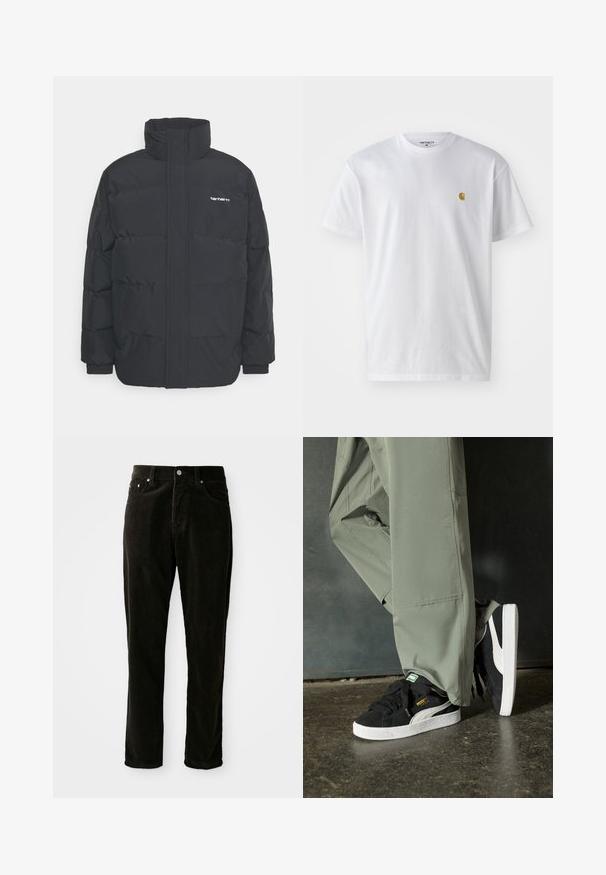 Černá zimní bunda s vysokým límcem, zipem vpředu a elastickými manžetami. Má kapsu a malé logo na hrudi. Texturovaný povrch.; Bílé bavlněné tričko s krátkým rukávem a kulatým výstřihem, s malým zlatým logem na levé straně hrudi. Měkká textura a klasický střih.; Černé kordové kalhoty s rovnou nohavicí, texturovanou tkaninou a pěti kapsami s kovovými doplňky.; Černé semišové tenisky s bílými gumovými podrážkami a bočními pruhy, spárované se světle zelenými cargo kalhotami, stojící na texturovaném tmavém povrchu.