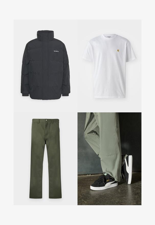 Juodas pūkinis švarkas su aukšta apykakle, užtrauktuku priekyje ir elastingomis rankovėmis. Yra kišenė ir mažas logotipas ant krūtinės. Tekstūruotas paviršius.; Balta medvilnės marškinėliai su trumpomis rankovėmis, apvalia iškirpte, kuriuose kairėje krūtinės pusėje yra mažas auksinis logotipas. Minkšta tekstūra ir reguliari forma.; Alyvuogių žalios kelnės, pagamintos iš patvarios medžiagos, turinčios tiesias kojas, priekines kišenes ir sagos užsegimą. Lygus tekstūros paviršius.; Juodi suede sportbačiai su baltais guminiais padais ir šoninėmis juostelėmis, derinami su šviesiai žaliais kargo kelnais, stovintys ant tekstūruoto tamsaus paviršiaus.