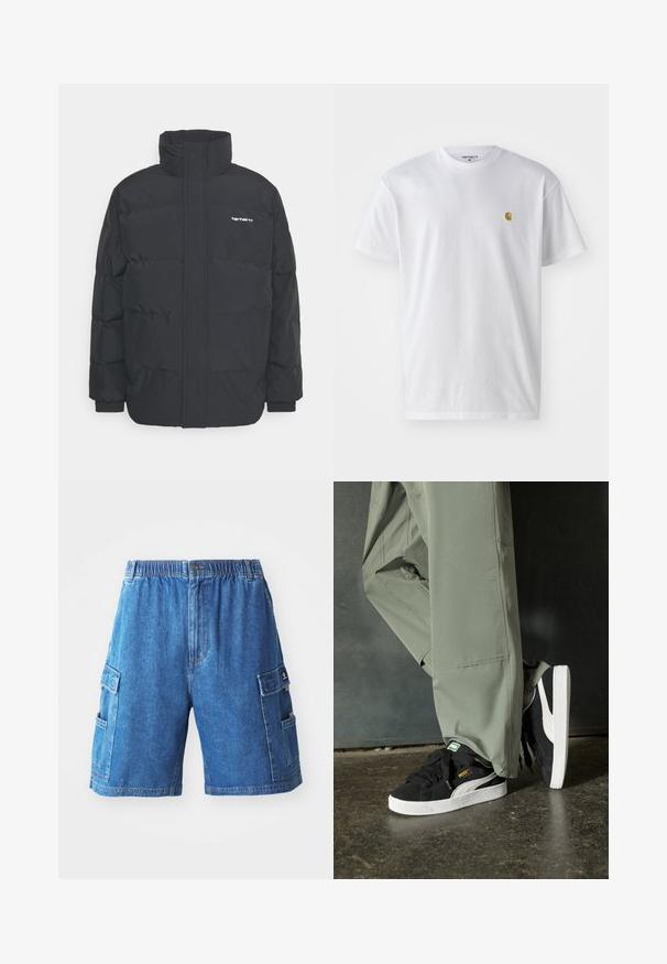 Fekete puffKabát magas nyakkal, cipzáros előlappal és rugalmas mandzsettával. Tartalmaz egy zsebet és egy kis logót a mellkason. Texturált felület.; Fehér pamut póló rövid ujjakkal, kerek nyakkal, bal mellel egy kis arany logóval. Puha tapintású és normál fazonú.; Középkék farmer cargo sort elasztikus derékkal, több oldalsó zsebbel és egyenes szabással. Texturált anyag, látható varrásokkal.; Fekete velúr sportcipők fehér gumitalppal és oldalsávokkal, világos zöld cargo nadrággal párosítva, egy textúrált sötét felületen állva.