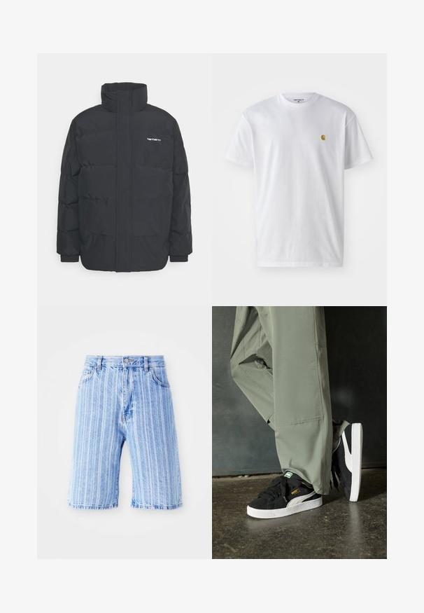 Čierna puffová bunda s vysokým golierom, zipom vpredu a elastickými manžetami. Obsahuje vrecko a malé logo na hrudi. Textúrovaný povrch.; Biele bavlnené tričko s krátkymi rukávmi, okrúhlym výstrihom, s malým zlatým logom na ľavej strane hrude. Mäkká textúra a normálny strih.; Svetlomodré džínsové šortky s vertikálnymi bielymi pruhmi, s klasickým dizajnom piatich vreciek a gombíkovým zapínaním v páse.; Čierne semišové tenisky s bielymi gumovými podrážkami a postrannými prúžkami, v kombinácii s svetlozelenými cargo nohavicami, stojace na textúrovanom tmavom povrchu.