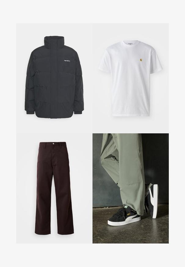 Black puffer jacket with a high collar, zip front, and elastic cuffs. Features a pocket and a small logo on the chest. Textured surface.; White cotton t-shirt with short sleeves, crew neck, featuring a small gold logo on the left chest area. Soft texture and regular fit.; Dark brown wide-leg trousers made of sturdy cotton fabric, featuring a front button closure and two side pockets. Smooth texture, classic design.; Black suede sneakers with white rubber soles and side stripes, paired with light green cargo pants, standing on a textured dark surface.