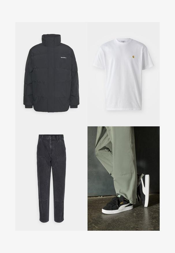 Juodas pūkinis švarkas su aukšta apykakle, užtrauktuku priekyje ir elastingomis rankovėmis. Yra kišenė ir mažas logotipas ant krūtinės. Tekstūruotas paviršius.; Balta medvilnės marškinėliai su trumpomis rankovėmis, apvalia iškirpte, kuriuose kairėje krūtinės pusėje yra mažas auksinis logotipas. Minkšta tekstūra ir reguliari forma.; Juodos džinsinės kelnės su aukštu liemeniu, tiesaus kirpimo ir didelėmis priekinėmis kišenėmis. Yra kontrastinga siuvinėjimo spalva ir nėra matomų logotipų.; Juodi suede sportbačiai su baltais guminiais padais ir šoninėmis juostelėmis, derinami su šviesiai žaliais kargo kelnais, stovintys ant tekstūruoto tamsaus paviršiaus.