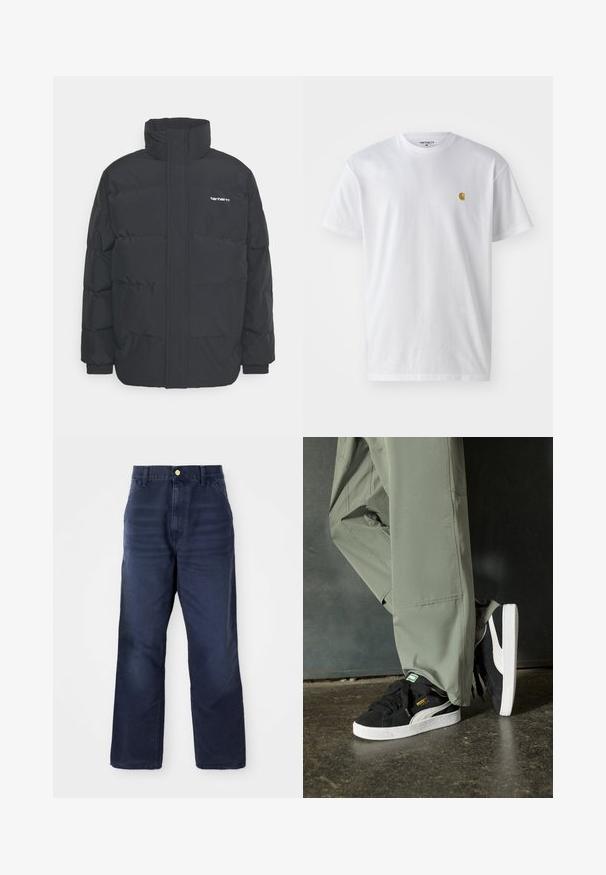 Black puffer jacket with a high collar, zip front, and elastic cuffs. Features a pocket and a small logo on the chest. Textured surface.; White cotton t-shirt with short sleeves, crew neck, featuring a small gold logo on the left chest area. Soft texture and regular fit.; Dark blue denim trousers with a straight leg cut, featuring a front button closure, belt loops, and no visible patterns or accents.; Black suede sneakers with white rubber soles and side stripes, paired with light green cargo pants, standing on a textured dark surface.