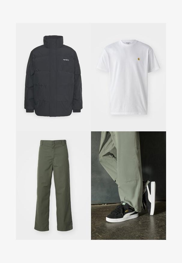 Jachetă puf black cu un guler înalt, închidere cu fermoar frontal și manșete elastice. Are un buzunar și un mic logo pe piept. Suprafață texturată.; Tricou alb din bumbac, cu mâneci scurte, gât echipat, având un mic logo auriu în zona stânga a pieptului. Textură moale și croială normală.; Pantaloni drepți de culoare verde măsliniu, din bumbac. Prezintă o textură netedă, față plată și un talie standard cu bucle pentru curea.; Adidași negri din piele întoarsă cu tălpi din cauciuc alb și dungi pe lateral, asortați cu pantaloni cargo verzi deschis, stând pe o suprafață texturată întunecată.