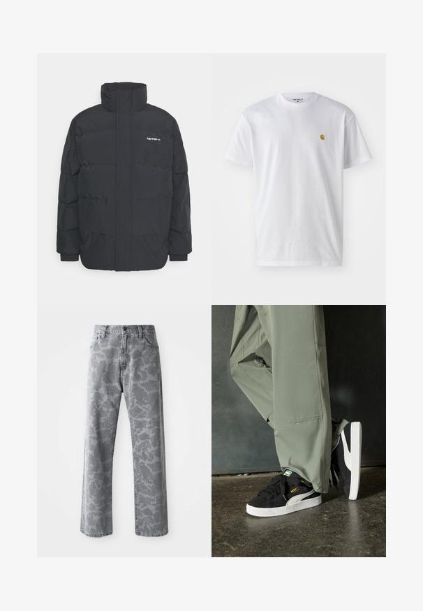 Black puffer jacket with a high collar, zip front, and elastic cuffs. Features a pocket and a small logo on the chest. Textured surface.; White cotton t-shirt with short sleeves, crew neck, featuring a small gold logo on the left chest area. Soft texture and regular fit.; Gray denim jeans featuring a camouflage pattern, straight leg design, five pockets, and a button-fly closure.; Black suede sneakers with white rubber soles and side stripes, paired with light green cargo pants, standing on a textured dark surface.