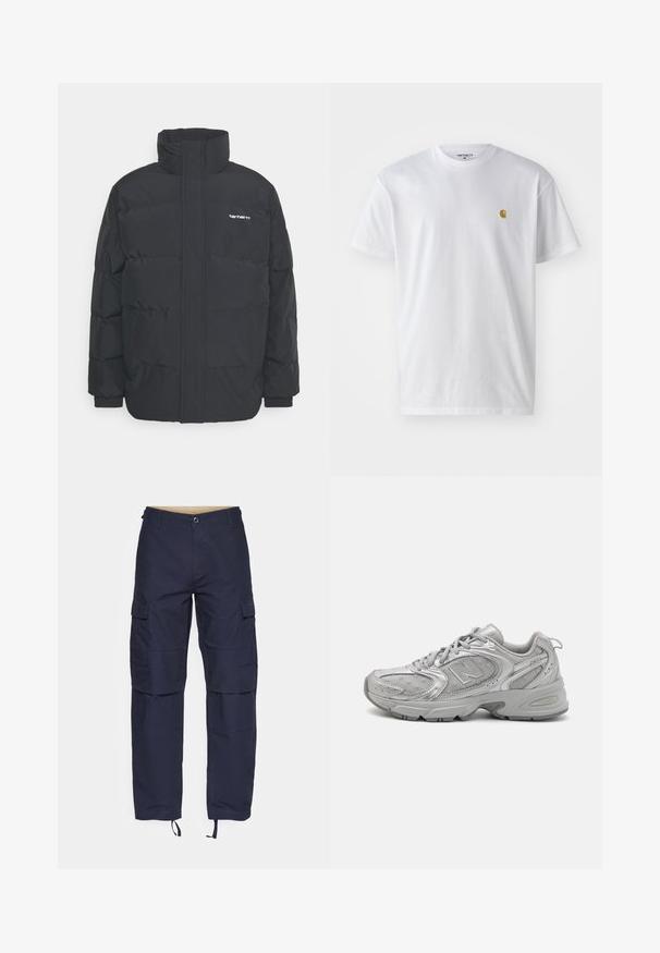 Zwarte pufferjas met een hoge kraag, rits aan de voorkant en elastische manchetten. Bevat een zak en een klein logo op de borst. Getextureerd oppervlak.; Witte katoenen t-shirt met korte mouwen en ronde hals, voorzien van een klein gouden logo op de linkerkant van de borst. Zachte textuur en een normale pasvorm.; Marine cargobroek gemaakt van stof met meerdere zakken, een knoopsluiting en verstelbare zoomtouwtjes voor een aanpasbare pasvorm.; Zilveren hardloopschoen met een slank design, gaaspanelen, een gevoerde tong, textuur van synthetisch bovenwerk en rubberen buitenzool voor grip.