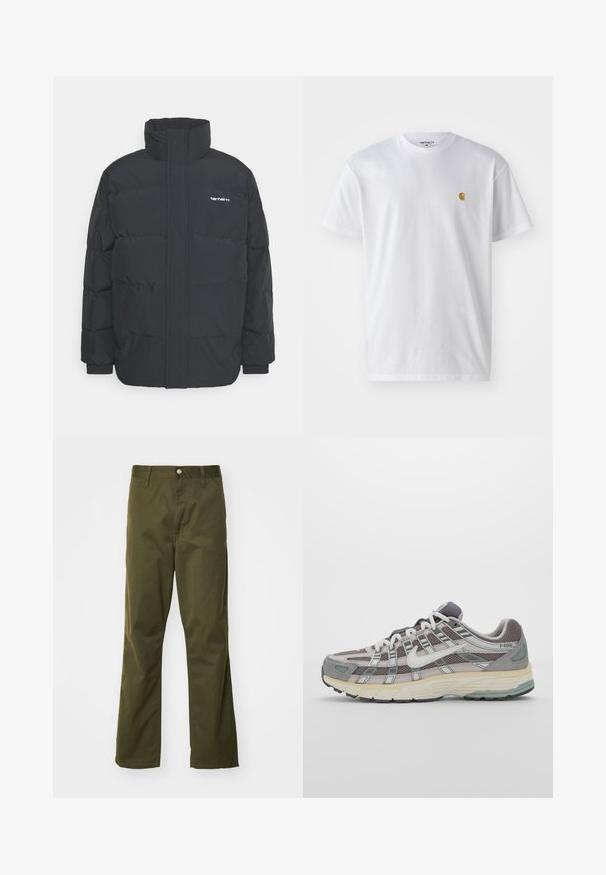 Jachetă puf black cu un guler înalt, închidere cu fermoar frontal și manșete elastice. Are un buzunar și un mic logo pe piept. Suprafață texturată.; Tricou alb din bumbac, cu mâneci scurte, gât echipat, având un mic logo auriu în zona stânga a pieptului. Textură moale și croială normală.; Pantaloni din bumbac de culoare verde olive, cu un design cu picior drept. Prezintă închidere cu buton în față și un stil clasic cu cinci buzunare.; Pantofii sport gri sunt realizați dintr-un amestec de plasă și piele întoarsă, cu accente albe, o talpă bine îmbrăcată și un design distinctiv cu elemente reflectorizante.