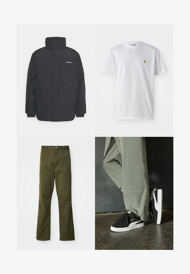 Black puffer jacket with a high collar, zip front, and elastic cuffs. Features a pocket and a small logo on the chest. Textured surface.; White cotton t-shirt with short sleeves, crew neck, featuring a small gold logo on the left chest area. Soft texture and regular fit.; Olive green cotton trousers with a straight leg design. Features a front button closure and classic five-pocket styling.; Black suede sneakers with white rubber soles and side stripes, paired with light green cargo pants, standing on a textured dark surface.