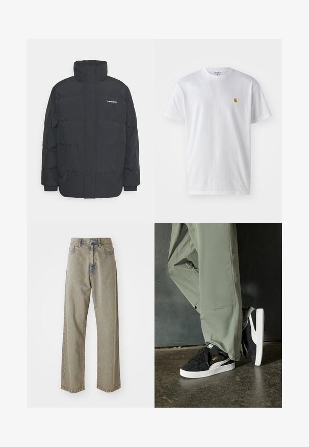 Black puffer jacket with a high collar, zip front, and elastic cuffs. Features a pocket and a small logo on the chest. Textured surface.; White cotton t-shirt with short sleeves, crew neck, featuring a small gold logo on the left chest area. Soft texture and regular fit.; Light gray wide-leg jeans made of denim, featuring a faded texture, visible stitching, and traditional button and zipper closure.; Black suede sneakers with white rubber soles and side stripes, paired with light green cargo pants, standing on a textured dark surface.