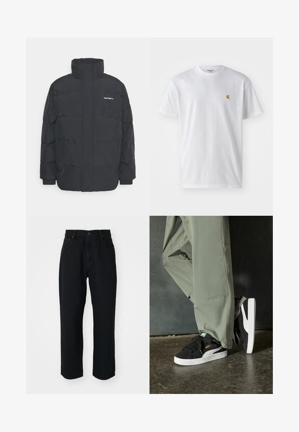Chaqueta de plumas negra con cuello alto, cierre de cremallera frontal y puños elásticos. Cuenta con un bolsillo y un pequeño logo en el pecho. Superficie texturizada.; Camiseta de algodón blanca con mangas cortas, cuello redondo, que presenta un pequeño logo dorado en la parte izquierda del pecho. Textura suave y corte regular.; Vaqueros de mezclilla negro con un corte recto, textura ligera, diseño de cinco bolsillos y cierre de botón en la cintura.; Zapatillas de ante negras con suelas de goma blancas y rayas laterales, combinadas con pantalones cargo verde claro, de pie sobre una superficie oscura texturizada.