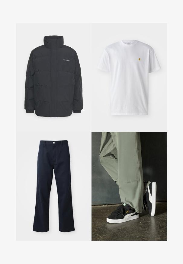Černá zimní bunda s vysokým límcem, zipem vpředu a elastickými manžetami. Má kapsu a malé logo na hrudi. Texturovaný povrch.; Bílé bavlněné tričko s krátkým rukávem a kulatým výstřihem, s malým zlatým logem na levé straně hrudi. Měkká textura a klasický střih.; Námořnické modré bavlněné kalhoty se rovnýma nohama, vybavené zipovým zapínáním, knoflíkovým uzávěrem a předními kapsami. Hladký povrch a čistý vzhled.; Černé semišové tenisky s bílými gumovými podrážkami a bočními pruhy, spárované se světle zelenými cargo kalhotami, stojící na texturovaném tmavém povrchu.