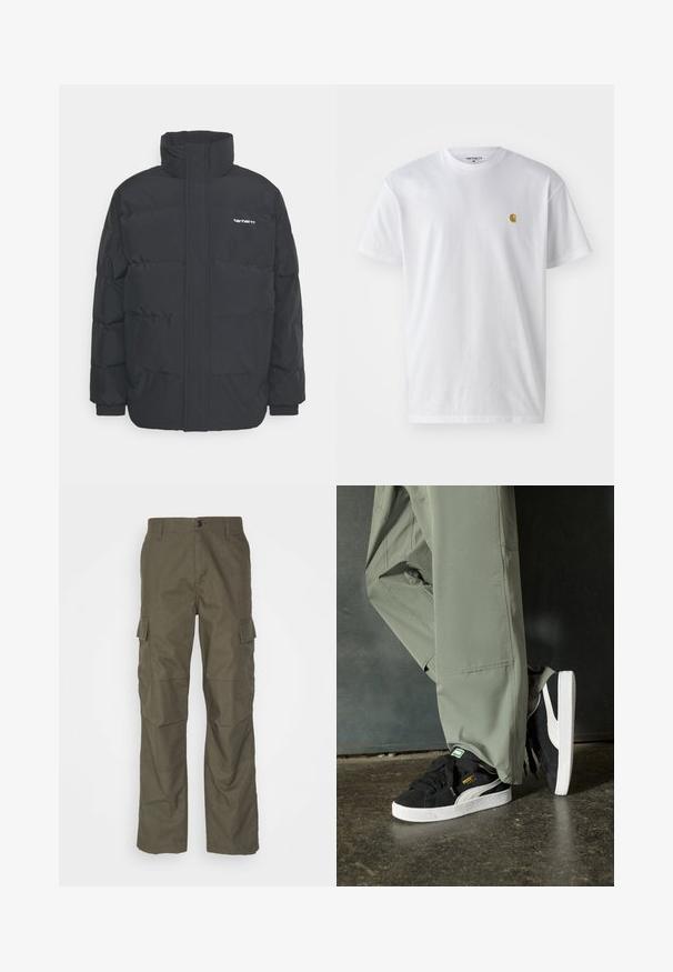 Musta puhvijaakku korkealla kauluksella, vetoketjukiinnitys edessä ja joustavat hihansuut. Varustettu taskulla ja pienellä logolla rintakehässä. Rakeinen pinta.; Valkoinen puuvillapaita lyhyillä hihoilla, pyöreä kaula-aukko, jossa on pieni kultainen logo vasemmassa rintapielessä. Pehmeä kangas ja normaali istuvuus.; Oliivinvihreät cargo-housut suoralla leikkauksella, valmistettu teksturoidusta kankaasta. Varustettu suurilla sivutaskuilla ja nappikiinnityksellä.; Mustat mokkakengät, joissa on valkoiset kumipohjat ja sivuraitoja, yhdistettynä vaaleanvihreisiin cargo-housuihin, seisoen tummalla teksturoidulla pinnalla.