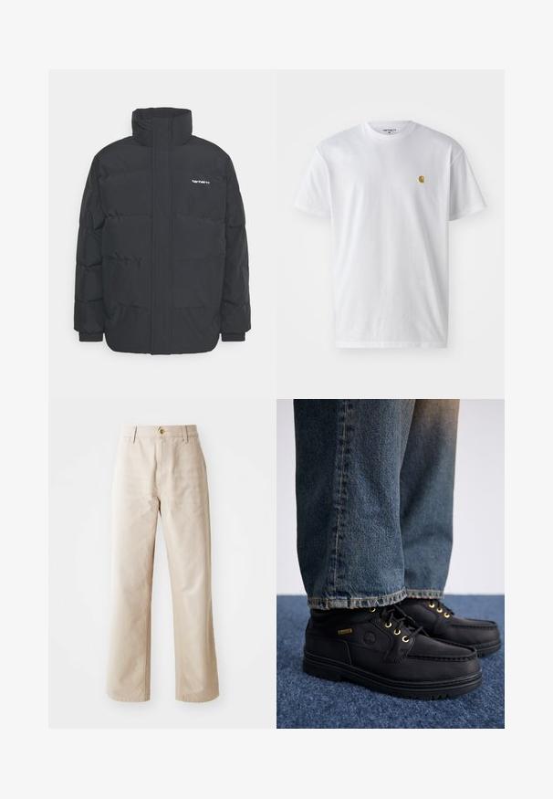 Musta puhvijaakku korkealla kauluksella, vetoketjukiinnitys edessä ja joustavat hihansuut. Varustettu taskulla ja pienellä logolla rintakehässä. Rakeinen pinta.; Valkoinen puuvillapaita lyhyillä hihoilla, pyöreä kaula-aukko, jossa on pieni kultainen logo vasemmassa rintapielessä. Pehmeä kangas ja normaali istuvuus.; Vaaleanbeige puuvillaiset leveälahkeiset housut, joissa on sileä pinta, etunappi kiinnitys, vyölenkit ja kaksi sivutaskua.; Musta nahkakengät kultaisilla rei'illä ja tekstuuripinnalla, yhdistettynä sinisiin farkkuihin. Kengissä on kerroksellinen pohja ja brändäysyksitys.