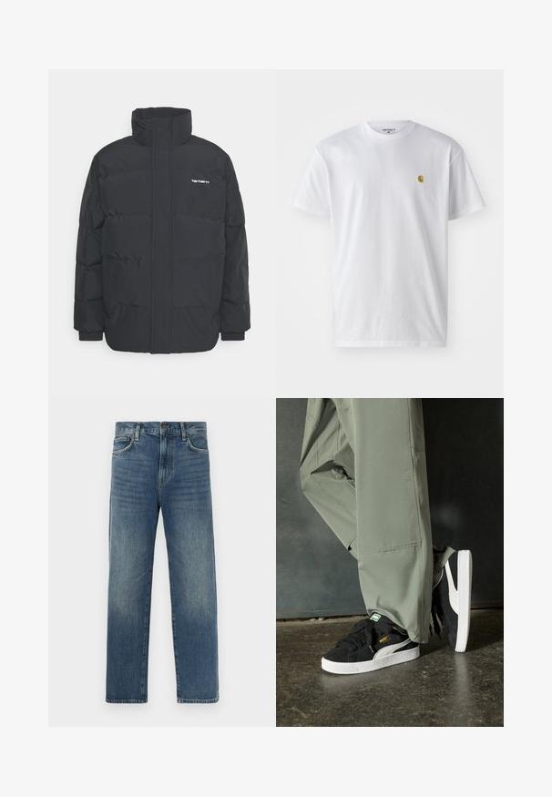 Crna puffer jakna s visokim ovratnikom, prednjim zatvaračem i elastičnim manžetama. Ima džep i mali logo na prsima. Teksturalna površina.; Bijela pamučna majica kratkih rukava s okruglim izrezom, sa malim zlatnim logotipom na lijevoj strani prsnog koša. Mekana tekstura i standardni kroj.; Traperice srednje plave boje, ravnog kroja nogavica, s pet džepova, petljama za remen i metalnim kopčanjem na dugme.; Crne nubuk tenisice s bijelim gumennim potplatima i bočnim trakama, uparene s svijetlozelenim cargo hlačama, stoje na teksturiranoj tamnoj površini.