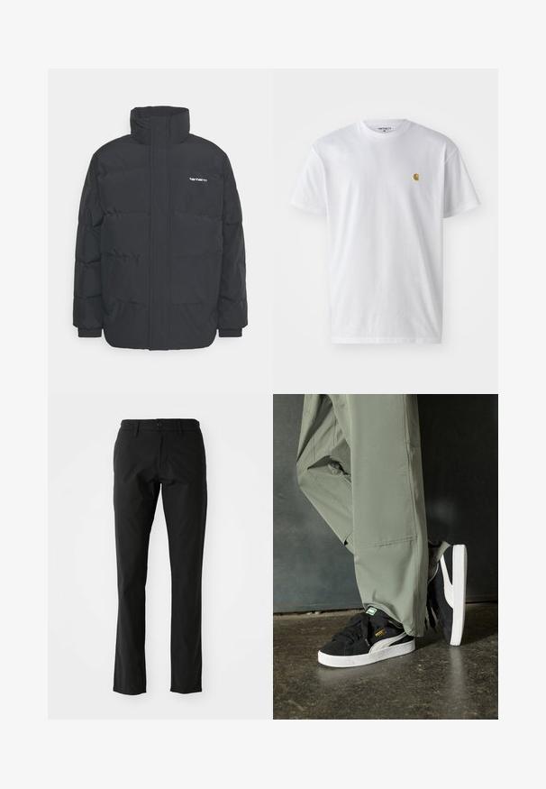 Black puffer jacket with a high collar, zip front, and elastic cuffs. Features a pocket and a small logo on the chest. Textured surface.; White cotton t-shirt with short sleeves, crew neck, featuring a small gold logo on the left chest area. Soft texture and regular fit.; Black trousers made of lightweight fabric, featuring a straight leg design, front button closure, and side pockets. Smooth texture.; Black suede sneakers with white rubber soles and side stripes, paired with light green cargo pants, standing on a textured dark surface.