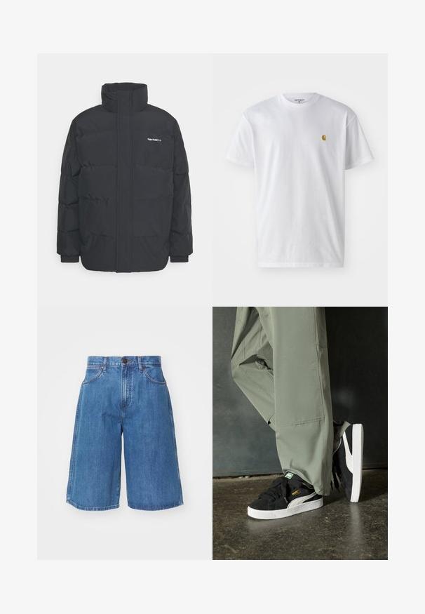 Černá zimní bunda s vysokým límcem, zipem vpředu a elastickými manžetami. Má kapsu a malé logo na hrudi. Texturovaný povrch.; Bílé bavlněné tričko s krátkým rukávem a kulatým výstřihem, s malým zlatým logem na levé straně hrudi. Měkká textura a klasický střih.; Denimové šortky s volným střihem, modré barvy, vysokým pasem a prošitými detaily. Mají dvě přední kapsy a zapínání na knoflík v pase.; Černé semišové tenisky s bílými gumovými podrážkami a bočními pruhy, spárované se světle zelenými cargo kalhotami, stojící na texturovaném tmavém povrchu.