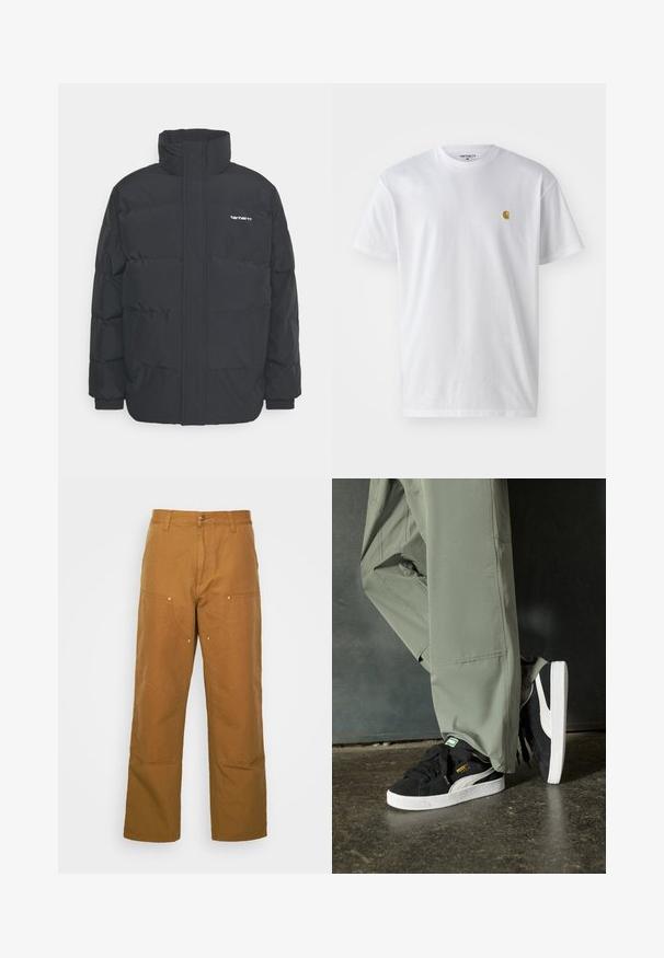 Črna puhasta jakna z visokim ovratnikom, z zadrgo spredaj in elastičnimi manšetami. Ima žep in majhen logotip na prsih. Teksturirana površina.; Bela bombažna majica s kratkimi rokavi, krožnim ovratnikom, z majhnim zlatim logotipom na levem prsnem predelu. Mehka tekstura in običajen kroj.; Brazdaste hlače iz bombaža z naravnim krojem in naravnim rezom, ki imajo sprednje žepe in kovinske dodatke za dodatno trdnost.; Črne semšaste športne copate z belimi gumijastimi podplati in stranskimi črtami, v kombinaciji s svetlo zelenimi cargo hlačami, ki stojijo na teksturirani temni površini.