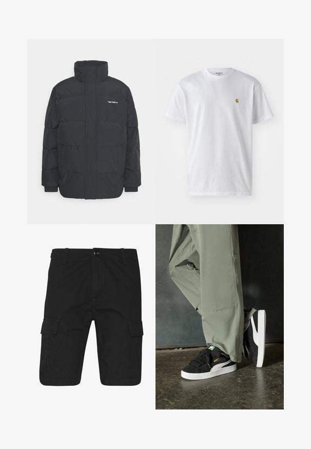 Black puffer jacket with a high collar, zip front, and elastic cuffs. Features a pocket and a small logo on the chest. Textured surface.; White cotton t-shirt with short sleeves, crew neck, featuring a small gold logo on the left chest area. Soft texture and regular fit.; Black cargo shorts with a straight cut, featuring two side pockets, contrasting stitching, and a button closure at the waist.; Black suede sneakers with white rubber soles and side stripes, paired with light green cargo pants, standing on a textured dark surface.