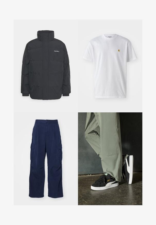 Fekete puffKabát magas nyakkal, cipzáros előlappal és rugalmas mandzsettával. Tartalmaz egy zsebet és egy kis logót a mellkason. Texturált felület.; Fehér pamut póló rövid ujjakkal, kerek nyakkal, bal mellel egy kis arany logóval. Puha tapintású és normál fazonú.; Sötétkék cargo nadrág, amely pamutból készült és laza fit-et biztosít. Két oldalsó zsebből és gombos derékzárból áll. Sima textúrájú, egyenes lábakkal.; Fekete velúr sportcipők fehér gumitalppal és oldalsávokkal, világos zöld cargo nadrággal párosítva, egy textúrált sötét felületen állva.