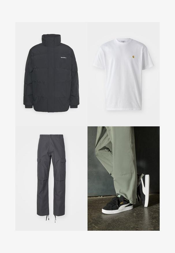 Schwarze Daunenjacke mit hohem Kragen, Reißverschluss vorne und elastischen Bündchen. Verfügt über eine Tasche und ein kleines Logo auf der Brust. Strukturiert Oberfläche.; Weißes Baumwoll-T-Shirt mit kurzen Ärmeln, Rundhalsausschnitt, mit einem kleinen goldenen Logo im linken Brustbereich. Weicher Stoff und normale Passform.; Carhartt WIP AVIATION PANT - Cargohose - graphite rinsed; Schwarze Wildleder-Sneaker mit weißen Gummisohlen und seitlichen Streifen, kombiniert mit hellgrünen Cargo-Hosen, stehen auf einer strukturierten dunklen Oberfläche.