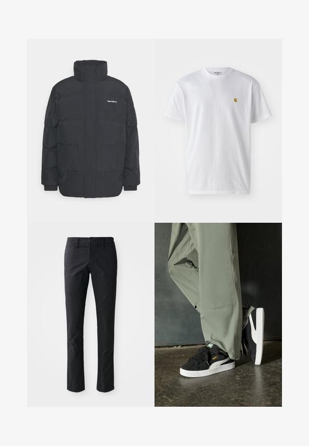 Melnā pūkainā jaka ar augstu apkakli, rāvējslēdzēja priekšpusi un elastīgām piedurknēm. Iespējama kabata un neliels logo uz krūtīm. Strukturēta virsma.; Balta kokvilnas t-kreklu ar īsām piedurknēm, apaļu kakla izgriezumu, ar mazu zelta logotipu kreisajā krūšu pusē. Mīksta tekstūra un regulāra piegriezuma.; Melni taisni bikses, izgatavotas no gludas auduma, ar vienu pogu un jostu cilpām. Minimalistisks dizains bez redzamām rakstām.; Melnas zamšādas sporta kurpes ar baltām gumijas zole un sānu svītrām, saskaņotas ar gaiši zaļām cargo biksēm, stāvot uz teksturētas tumšas virsmas.